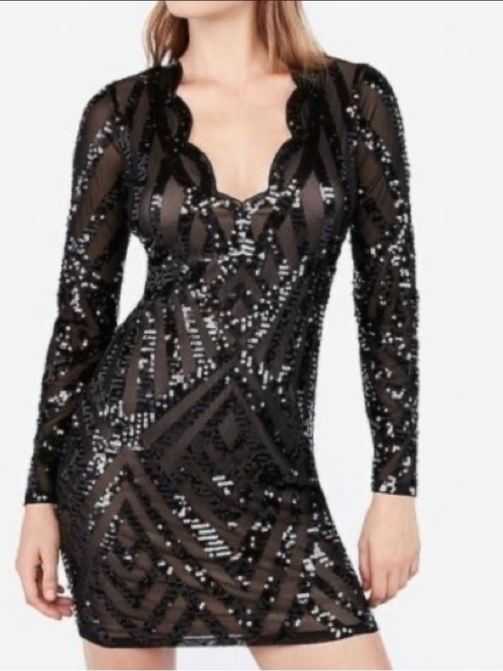 Express Black Sequin Long-Sleeve Mesh Bodycon mini Dress